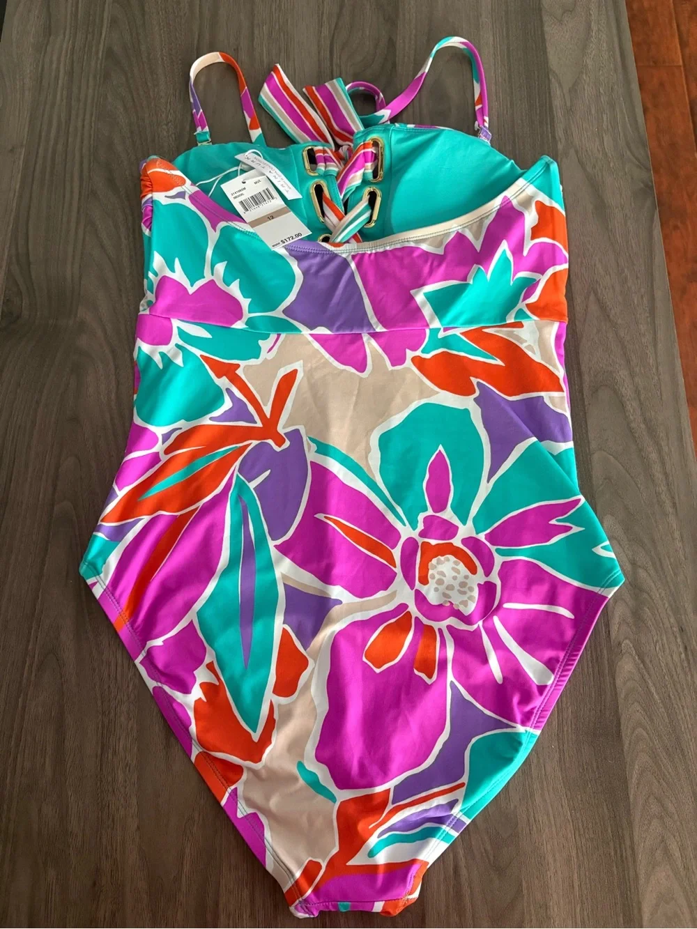 Trina Turk Floral Halter One-Piece Swimsuit in Pink Teal Orange - Picture 7 of 16